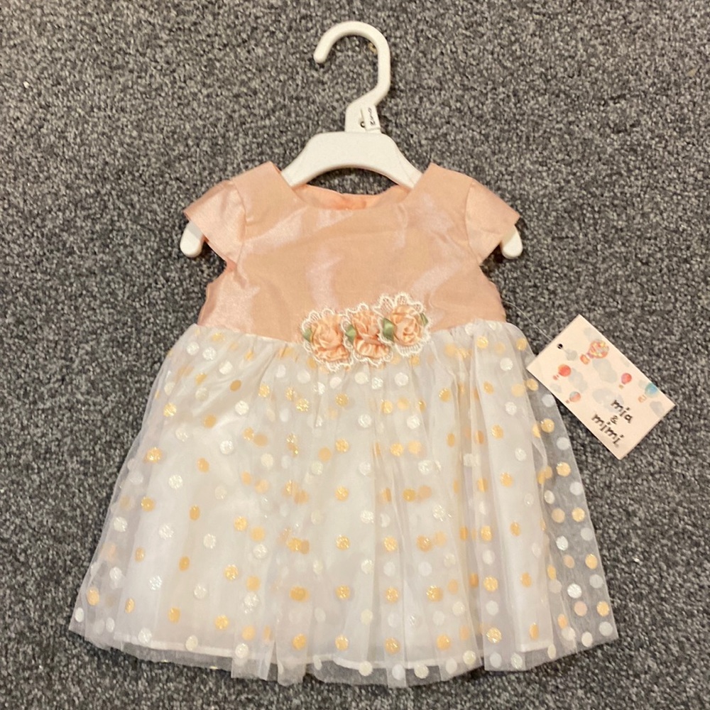 NWT Pale Pink and White Polka Dot Dress with Flowers 0-3m